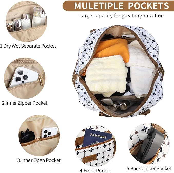 3PCS Weekender Bags for Women Large Overnight Bag, Brown Argyle | Weekender Travel Duffel Bags Carry on Shoulder with Shoe Compartment Toiletry Bag Satchel Bag for Travelling Business Gym - Image 4