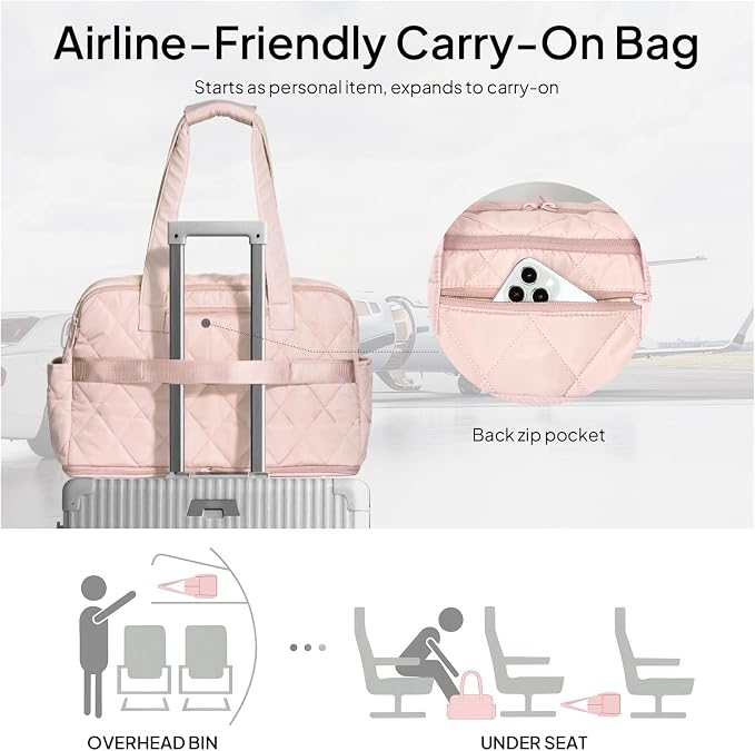 TOPEAST Duffel Bag for Women Travel, Expandable Quilted Weekender Overnight Duffle Bag with Adjustable Strap, Lightweight 33L Personal Item Bag Hospital Bags for Labor and Delivery, Pink - Image 7