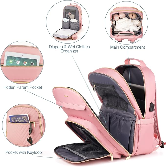 Diaper Bag Backpack, Quilted Baby Bag with Changing Pad & Stroller Straps & Pacifier Case, Large Travel Diaper Bags for Mom Dad, Pink - Image 4