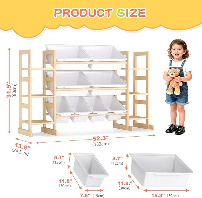 Fuilee Wooden Toy Storage Organizer for Kids, Multi-Tier Toy Organizer with Bins & Side Montessori Bookshelves, Sturdy Natural Wood Playroom Storage Solution for Toys, Books, Games - Image 2