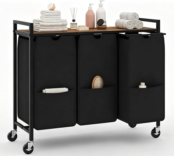 Garvee 3-Section Rolling Laundry Hamper, 120L, Rustic Brown & Black | Laundry Sorter with Shelf, Removable Bags & Wheels, Heavy Duty Clothes Basket Organizer for Laundry Room, Bathroom, Bedroom by Garvee