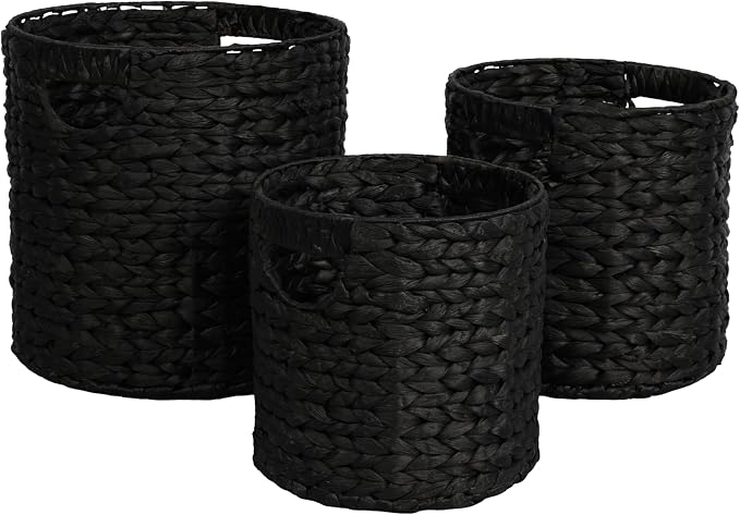 happimess Avery 3-Piece Cylinder Nesting Baskets 13", Black | Hyacinth, Bohemian Cottage Style, Handwoven Wicker, Iron Metal Frame, Decorative Storage For Toys And Books, Built In Handles by Happimess