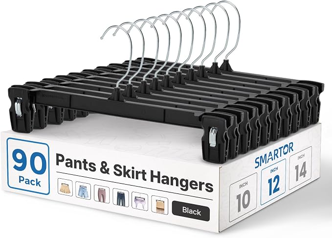 Smartor Black Pants Hangers 90 Pack, Skirt Hangers with Clips, 12 Inch | Non-Slip Clips, 360° Swivel Hooks; Versatile Plastic Clip Hangers for Women and Teens, Ideal for Shorts and Trousers by Smartor