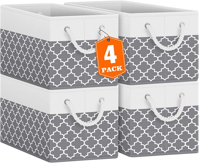 Storage Bins 4-Pack, Foldable Storage Baskets for Organizing Toys, Books, Shelves, Closet, Large Storage Box with Rope Handles, Sturdy Organizer Bins,Clover Grey by Fabtotes