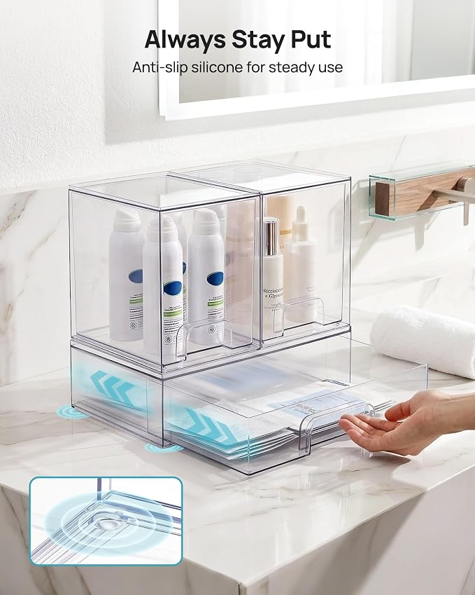 Vtopmart Clear Stackable Storage Drawers Set of 3, Plastic Organizer Bins | Multi-purpose Boxes for Baby Bottle Storage, Ideal for Kichen, Vanity, Bathroom, Undersink, Cabinet, Pantry Organization - Image 7