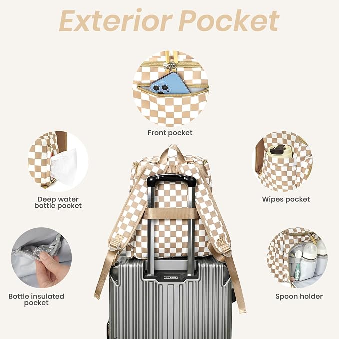 FHELAD Checkered Diaper Bag Backpack with Changing Pad & Stroller Clips | Baby Diaper Bag, Baby Shower Gifts, 4 Insulated Bottle Holders, Wet Wipe Pocket, Luggage Strap - Image 3