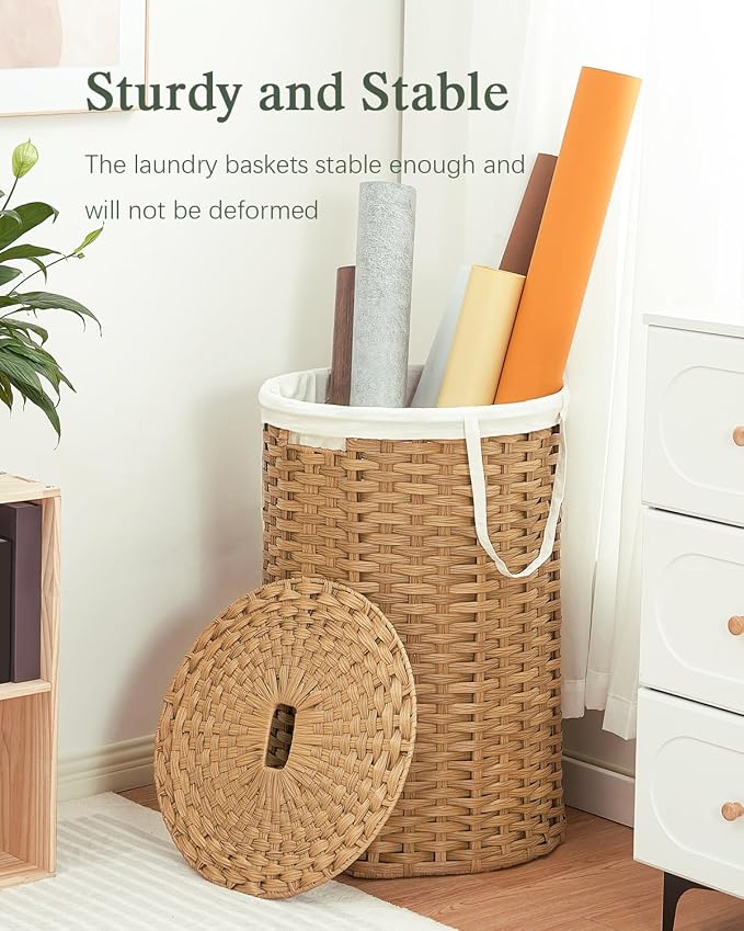 SETVSON Large Laundry Hamper Laundry Basket Round 34.3 Gal PE, Natural | 130L Jumbo Family PE Rattan Hamper, Removable Washable Liner Bag with Handles, 2 Mesh Wash Bags, Steel Frame, Foldable - Image 6