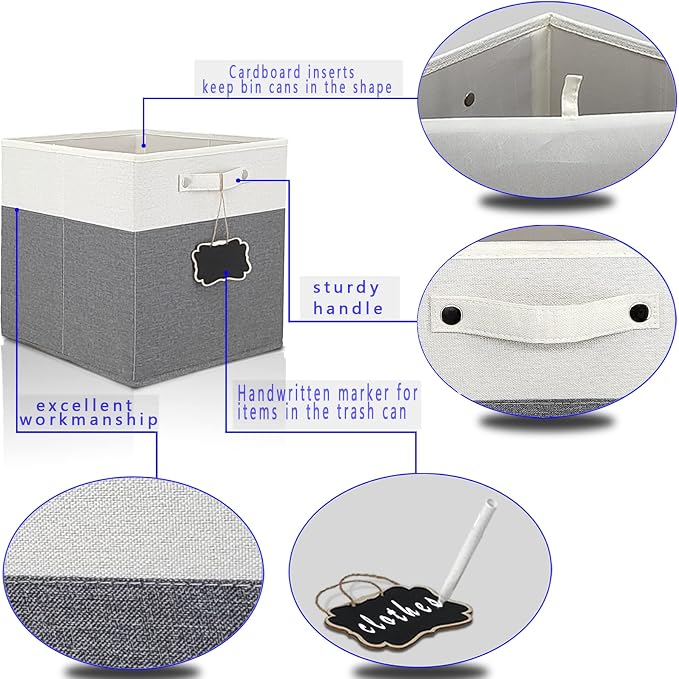 13x15x13 storage cube bins 4 Pack,Collapsible Fabric Storage Cubes with Labels,Linen Cube Storage Organizer Bins with Cotton Handles,Square Storage Cubes for Home,Office,Clothes,Cabinet(White Grey). - Image 4