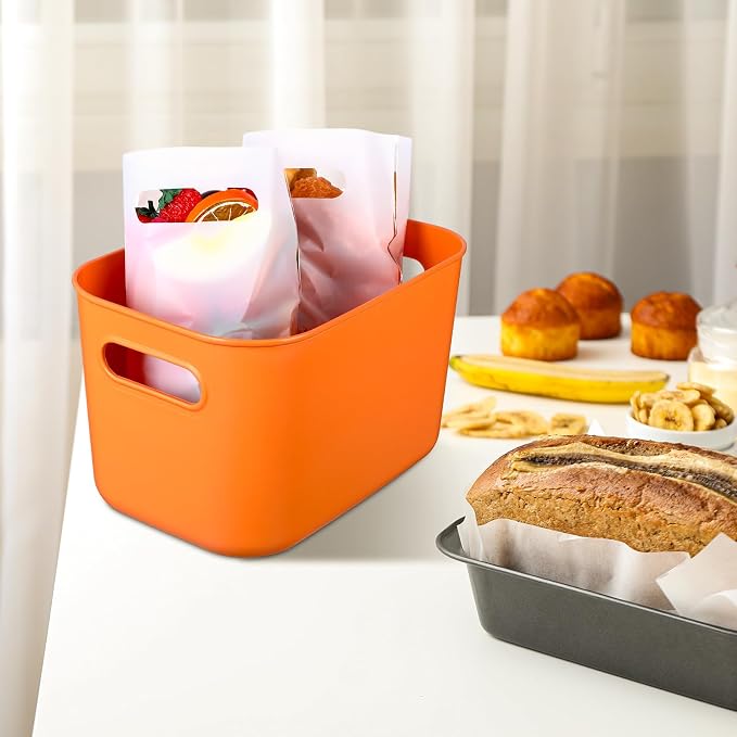 8 Pack Storage Bins, 10.2 X 7 X 6.3 Inch Orange | Plastic Stackable Containers with Lid Handle, For Shelves Desktop Playroom Office, Organizing Toys Books Supplies Storage - Image 4