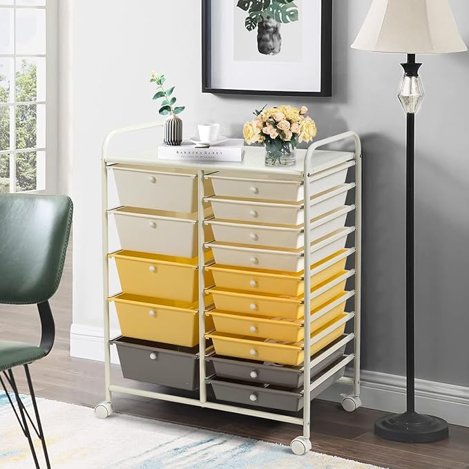 15 Drawer Rolling Storage Cart, Rolling Cart with Drawers for Classroom, Art Supply Craft Organizer on Wheel with Metal Frame & Handles for Home Office School - Image 2