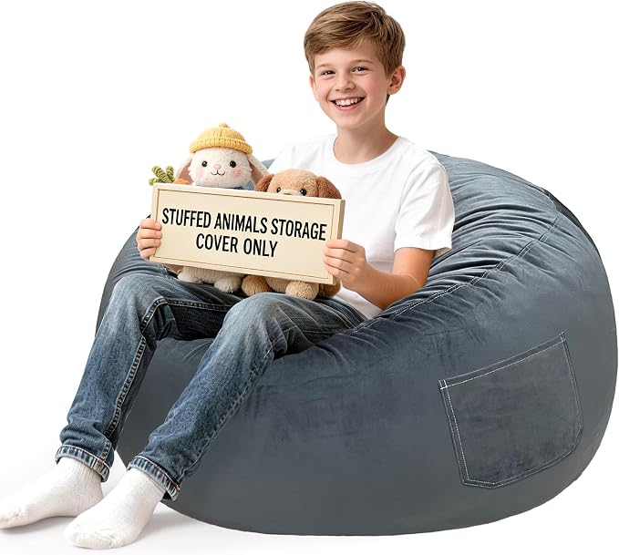 Lukeight Stuffed Animal Storage Bean Bag Chair Cover for Teens, Velvet Plush Toy Organizer Seat, Cover Only, No Filling Included, Long YKK Zipper, Side Pocket, XX-Large 36"D x 20"H by Lukeight
