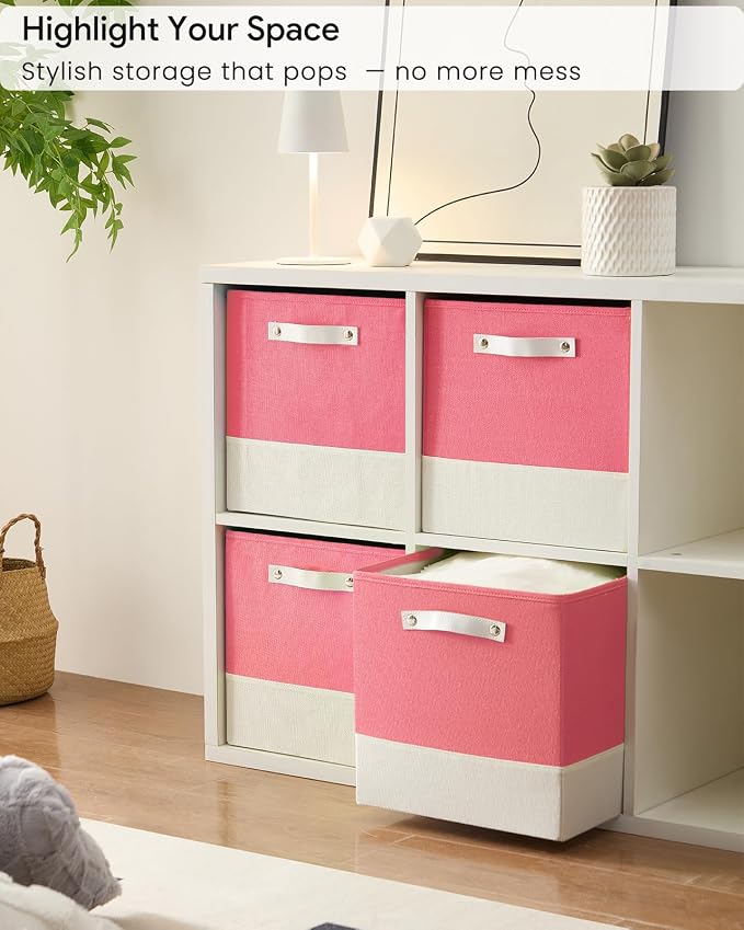Cube Storage Bins | 13"x15"x13", Pink & White, 4 Pack | Multi-Size | 2X Thick Support Board | Vegan Leather Handles | 7.7 oz/yd² Fabric | Drawer Insert Basket Fits KALLAX - Image 2