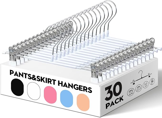 HUADYMEET 12 Inch Heavy Duty Pants Skirt Hangers with Clips,White,30 Pack | Metal,Space Saving,Adjustable,Hanger for Jeans Shorts Clothes Slacks Trousers,For Adult Men Women Children, Non Slip by HUADYMEET