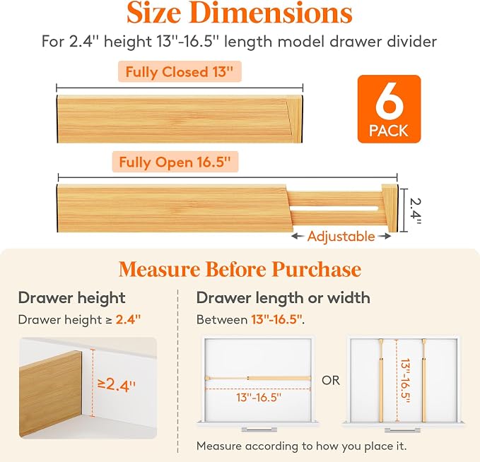 Lifewit 2.4" Kitchen Drawer Dividers, Adjustable Bamboo Drawer Organizers | 6 Pack 13"-16.5" Expandable Drawer Separator for Clothes, Utensils, Dresser, Cabinet, Closet, Nursery Organization & Storage - Image 3