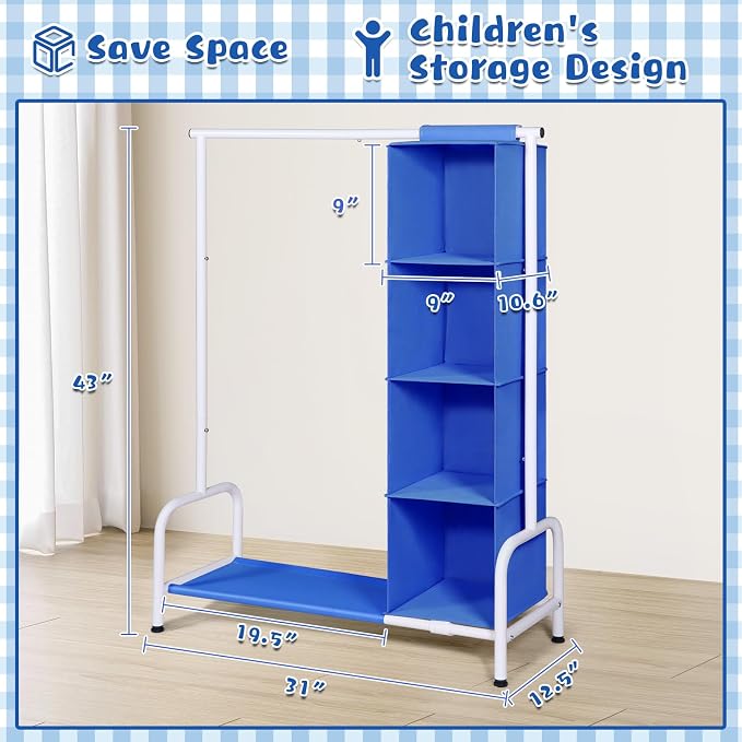 Univivi Kids Clothing Rack with Hanging Organizer, 43 Inch, Blue and White | Toddler Dress Up Storage with Bottom Shelf, Sturdy Metal Baby Clothes Rack, Kids Dress up Rack for Nursery, Playroom, Bedroom - Image 3