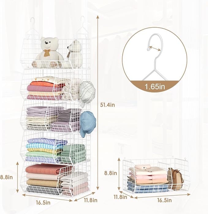 5 Tier Extra Large Closet Hanging Shelves with Divider,2 Pair Hook,16.5"L x 11.8"W x 51.4"H Closets Organizers and Storage,Clothes Organizer Clothing Sweaters Shoes Handbags Clutches Accessories-White - Image 3