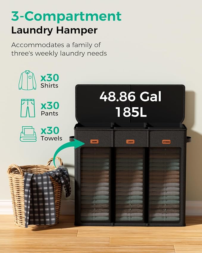 185L Laundry Hamper 3 Section with Lid & Removable Bags | Collapsible laundry basket organizer for laundry room, bedroom & dorm with 3 removable washing bags - Image 4
