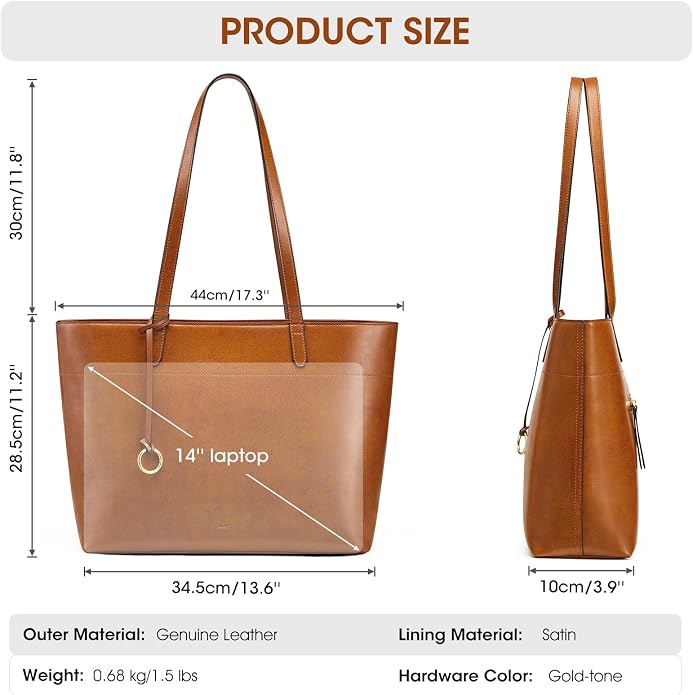 Kattee Vintage Genuine Leather Work Tote for Women | Spacious interior with a zip compartment for organized work, travel, and everyday essentials. - Image 5