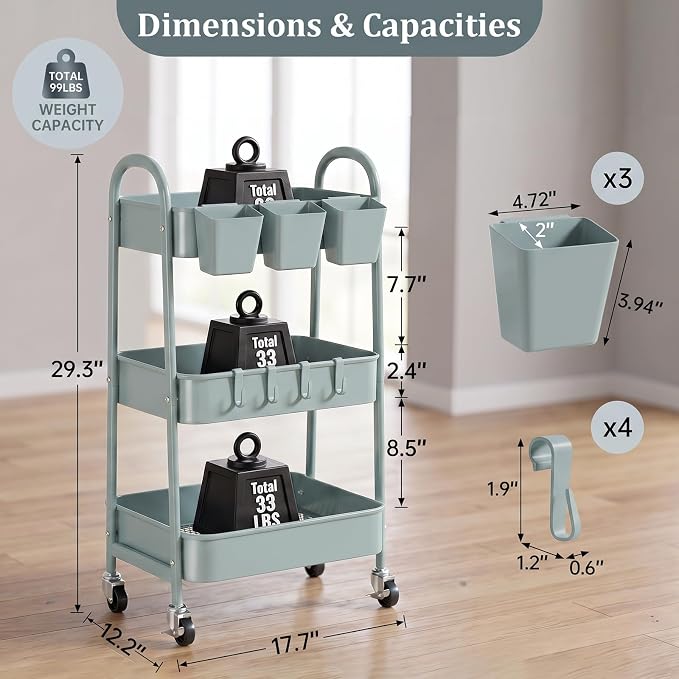 danpinera 3-Tier Rolling Cart, Utility Cart Mobile Metal Rolling Storage Cart with Lockable Wheels & Hanging Cups & Hooks for Kitchen, Bathroom, Office, Workshop, Gray Blue - Image 2