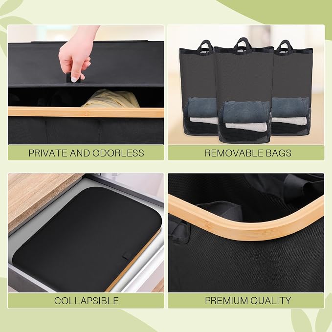 160L Laundry Hamper with Lid, 3 Section Laundry Basket with 3 Removable Bag | Clothes Hampers for Laundry with Bamboo Frame Handle, Large Dirty Clothes Hamper for Laundry Room, Bathroom, Bedroom, Black - Image 7