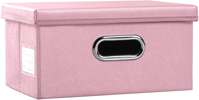 Collapsible Storage Box with Lid [1-Pack] Leather Fabric Foldable Storage Bin Organizer Container Basket Cube with Cover for Home Bedroom Closet Office Nursery Pink (13.6x9.6x6.9) by Prandom