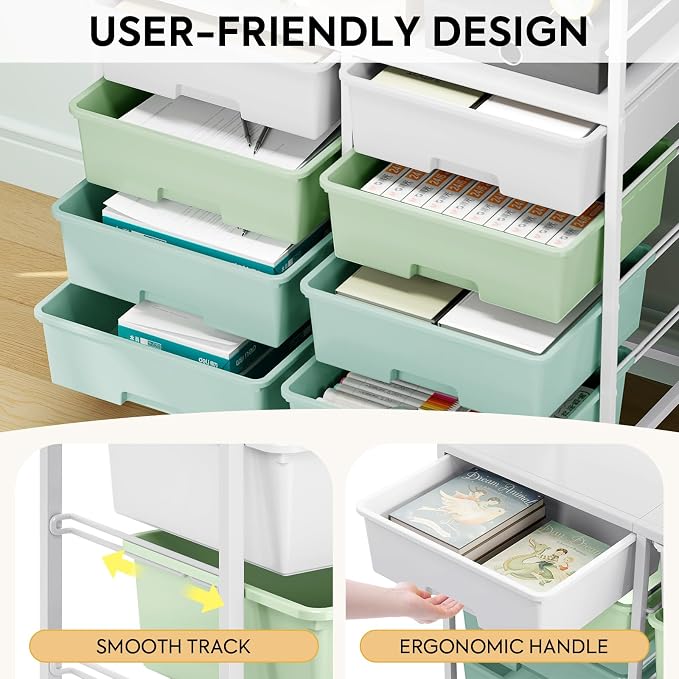 Rolling Storage Cart with 8 Large Drawers, Wooden Tabletop | Open Storage Shelves, Mobile Craft Organizer with Lockable Wheels for Home, Classroom, Office Supplies & Art Studio,Green - Image 5