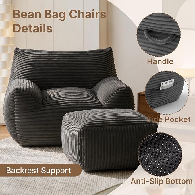 Oversized Bean Bag Chair with Ottoman, Bean Bag Couch with 2 Side Pockets, Corduroy Boneless Couch Chair in a Box, Comfy Lounge Chair for Living Room, Bedroom, Dorm, Gray - Image 3