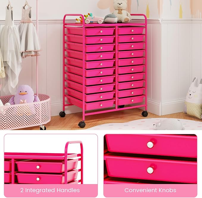 RELAX4LIFE 20-Drawer Rolling Storage Cart - Mobile Rolling Cart w/Drawers for School Classroom Teacher Office Home Salon, Paper File Art Supply Craft Organizer, Utility Cart on Wheels (Hot Pink) - Image 5