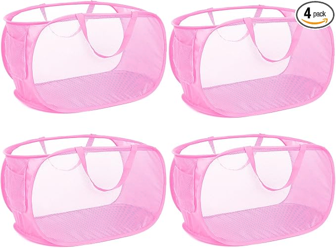 4 Pcs Durable Collapsible Laundry Baskets, Foldable Large Opening Pop Up Laundry Hamper with Pocket, Clothes Hamper with Handles for Laundry, Bathroom, Kids Room, Dorm or Travel Pink by Bemkoo