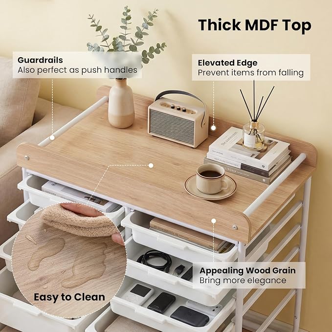 Rolling Storage Cart with 10 Drawers, Plastic Large Capacity Craft Organizer on Wheels with Wooden Top, Mobile Art Supply Utility Cart for Classroom, Home, Office - Image 5