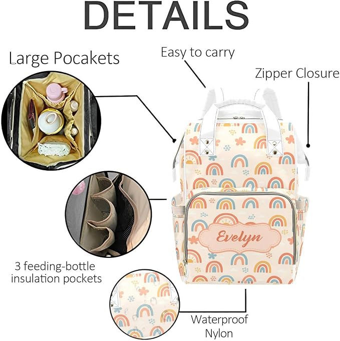 Personalized Rainbow Diaper Bag Backpack with Name – Waterproof Custom Baby Nappy Bag with Large Capacity & Multi Pockets – Shower Gift for Baby for New Parents - Image 5