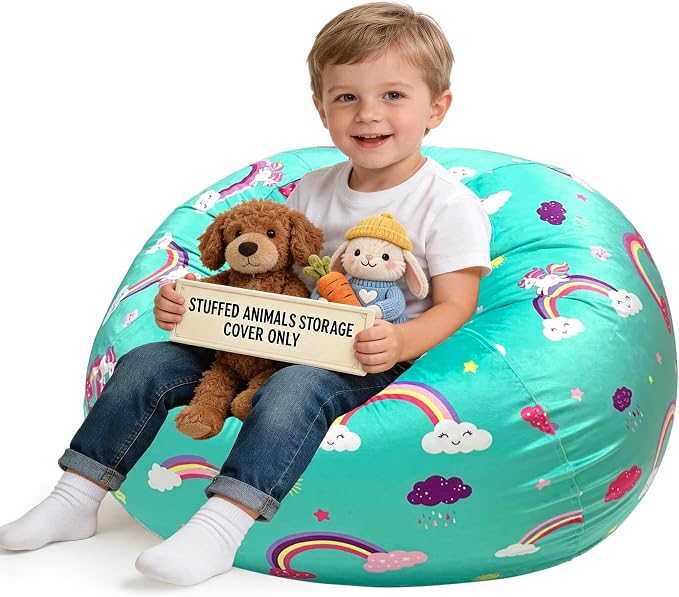 Lukeight Stuffed Animals Storage Bean Bag Chair Cover for Kids and Toddlers, Cozy Velvet Plush Toy Organizer Seat, Cover Only, No Filling Included, Long YKK Zipper, Side Pocket, Large 27 x 16 in by Lukeight