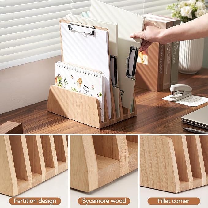 KIRIGEN Wooden Mail Organizer, 5-Slot File Holder for Desk, Natural 5K-NA | Five Upright Compartments Sort Mail, Bills, Folders, Papers, Notebooks, and Envelopes; 9.84 x 7.48 x 7.09 In, No Assembly - Image 4