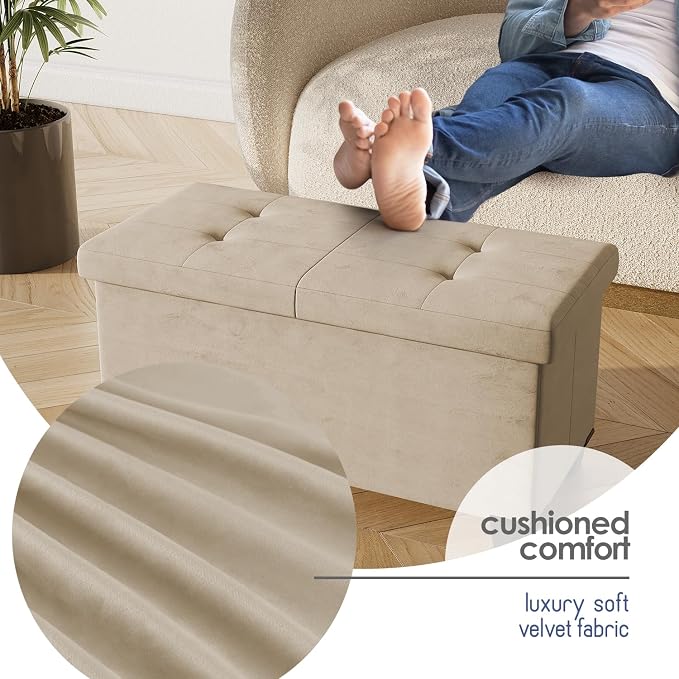 Storage Ottoman Bench with Bins, 30-in Storage Bench for Bedroom End of Bed, Folding Foot Rest Ottoman for Living Room Max 660lbs, Velvet Ottomans, Beige - Image 7