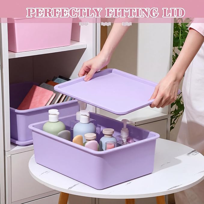 4 Pcs Storage Bins with Lids, Pink, Purple, Large | Plastic Stackable Organizing Containers, Heavy Duty Storage Boxes for Classroom Room Shelves, Christmas Ornaments Baskets - Image 3