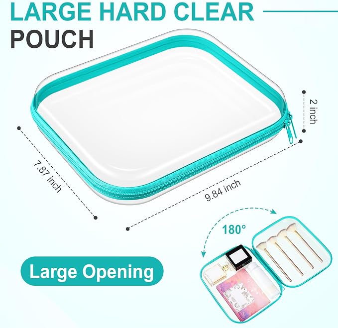 Sanwuta 6 Clear Hard Zipper Case,Teal,9.84 X 7.87 X 2 Inch | Pencil Case Pouches ,Makeup Bag,Plastic Toiletry Diaper Bag ,Travel Toy Storage,Waterproof Organizer Bins - Image 2