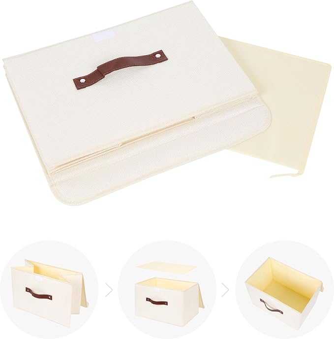 ANMINY Fabric Storage Box Bins with Lids, Beige, 15"x10"x10" | Keepsake Memory Storage, Cotton Linen, PP Board Reinforced, Washable, PU Handles, Foldable & Stackable, Decorative, Large - Image 9