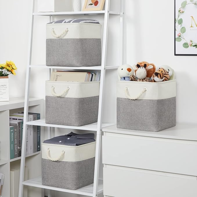 Temary Fabric Storage Baskets for Organizing, Grey Basket for Shelves, Collapsible Baskets with Handles for Shelves, Home, Closet (White&Gray) - Image 2