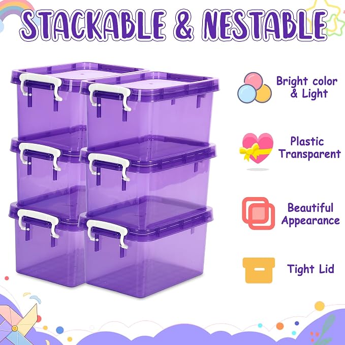 6 Pack 4 Quart Colorful Plastic Storage Bins with Lids Stackable Storage Bins with Latching Lids Handle Clear Colored Storage Organizer Bins for Home Office Pantry Containers(Purple) - Image 3
