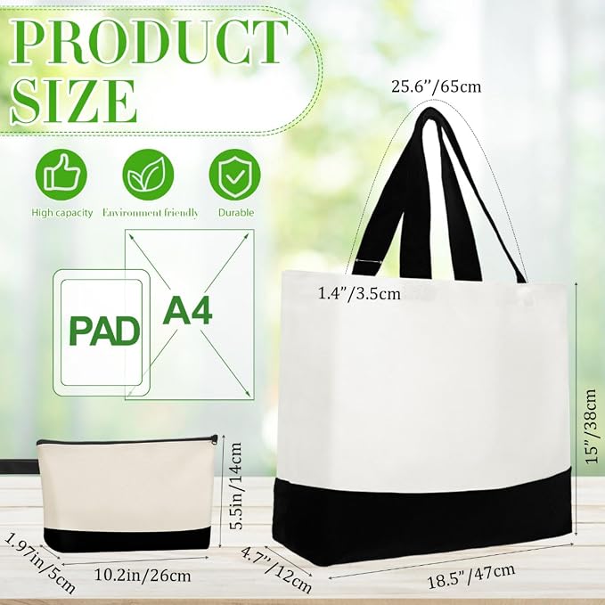Sanwuta 30 Pcs Canvas Tote Bags Bulk with Zipper Cosmetic Pouch,Black | 18.5" Reusable Cotton Shopping Bag with Handle for DIY Craft - Image 3