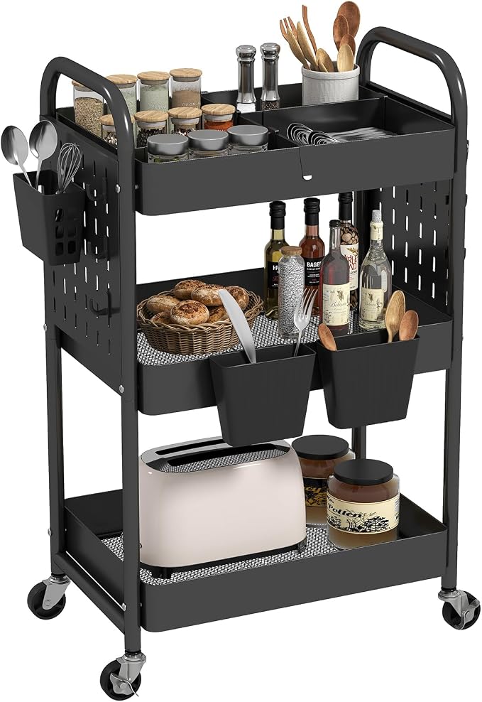 danpinera Craft Cart, Black Rolling Cart with Retractable Dividers & DIY Pegboards for Kitchen, Bedroom, Laundry by danpinera