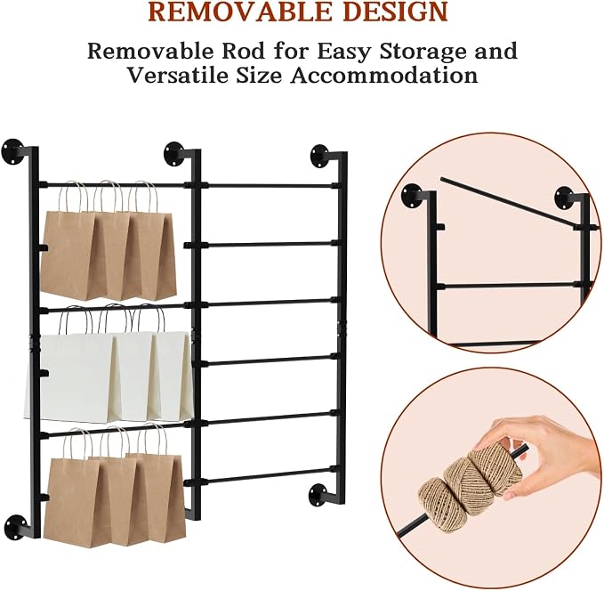 Double 6-Tier Ribbon Storage Organizer, Wall Mounted Ribbon Organizer | 12 Removable Rods, Large Capacity Gift Bag Ribbon Holder for Craft Room, Flower Shop, DIY Supplies, Wrapping Paper- Metal - Image 4