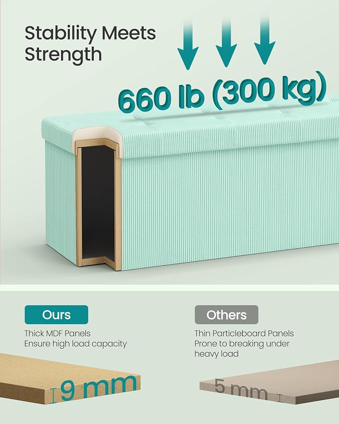 SONGMICS MAZIE Collection - Storage Ottoman Bench, Foldable Foot Rest, 15 x 43 x 15 Inches, End of Bed Bench, Storage Chest, Load 660 lb, Living Room, Bedroom, Entryway, Moonlight Green ULSF604C01 - Image 5