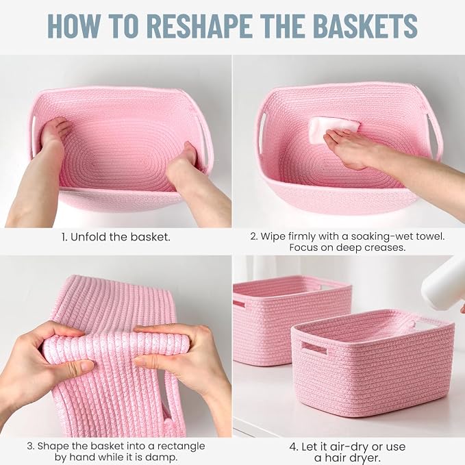 5 Pack Woven Storage Baskets, Decorative Storage Bins for Organizing | 13.8'' × 9.8'' × 7.9'', Cute Cotton Rope Basket Organizer for Closet, Shelves, bathroom, Nursery, Toys, Books, Pantry, Pink - Image 6