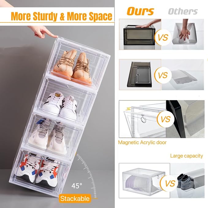 Attelite Shoe Storage Boxes X-Large Stackable Clear Shoe Organizer,9 Pack | Easy Assembly,Clear Display Box for Sneakers,Thicken & Sturdy Plastic,Magnetic Door,Drop Front Shoe Box - Image 2