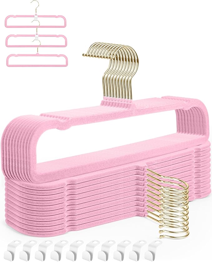 Felt Hangers Pink Velvet Hangers, Cute Pants Hanger, 20 Pack Chic Hangers | 360° Rotatable Golden Hanger for Jean Slack Closet, Anti-Slip Lightweight Padded Slim Space Saving Flocked Trouser Hangar by HGYZE