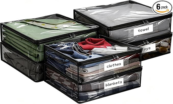 Plastic Storage Bags with Easy-Glide Zipper, Pack of 6, Durable Clear Vinyl Zippered Storage Bags for Clothes Sweaters Comforters Blankets Sheets Bedding (15.7 x 13.8 x 2.5 Inch, Transparent Black) by Kikerike