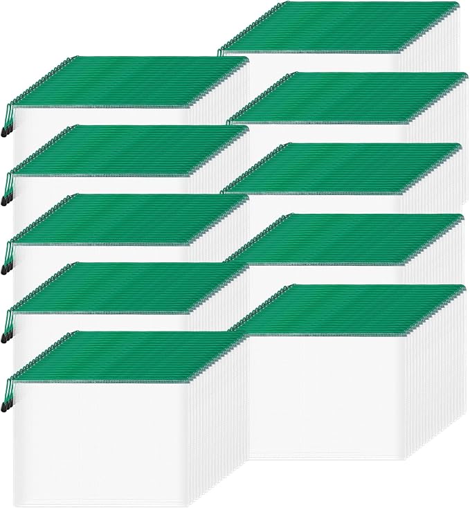 Zhehao 200 Pcs A4 Mesh Zipper Pouch Bulk Waterproof Mesh Zipper Organizer Plastic File Folder Case for School Office Supplies Document Board Games Puzzle(Green) by Zhehao