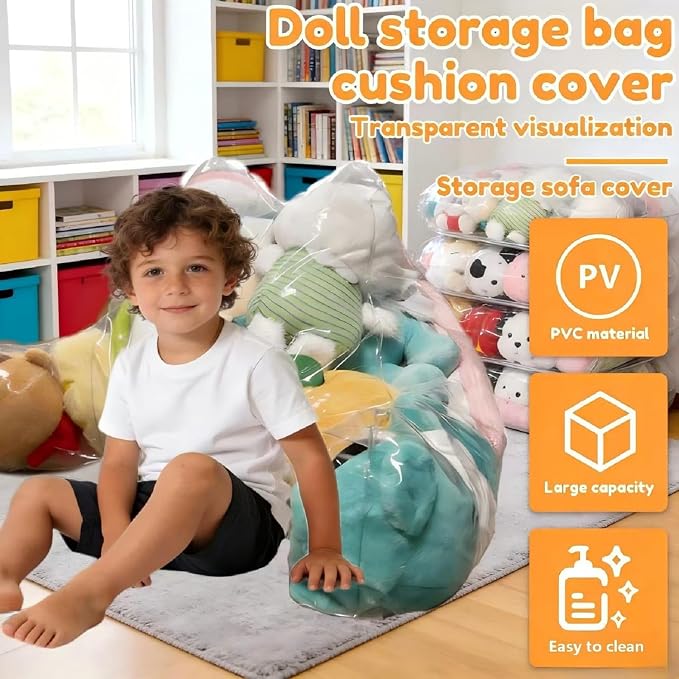 Clear Stuffed Animal Storage Bean Bag Chair Cover - Extra Large 150L, Waterproof & Easy-Clean Toy Organizer with Plastic Window,forNursery, Bedroom, Playroom (Cover Only, No Filler) (S) - Image 5