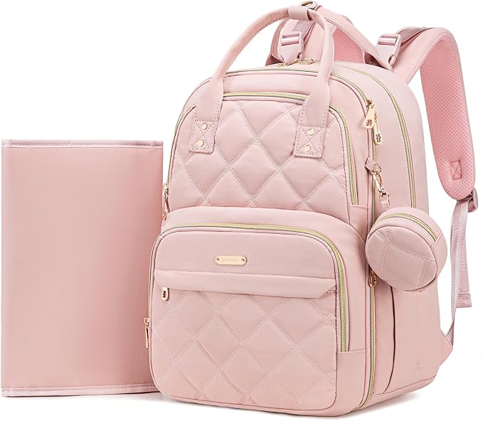 Large Diaper Bag Backpack with Changing Pad & Pacifier Case, Pink | Multi-functional lightweight waterproof maternity & toddler travel backpack. Insulated, wet/dry pocket & stroller straps by Unknown